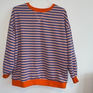 Trendy Queen Striped Crewneck Sweatshirt Orange Blue Cotton Blend Size L